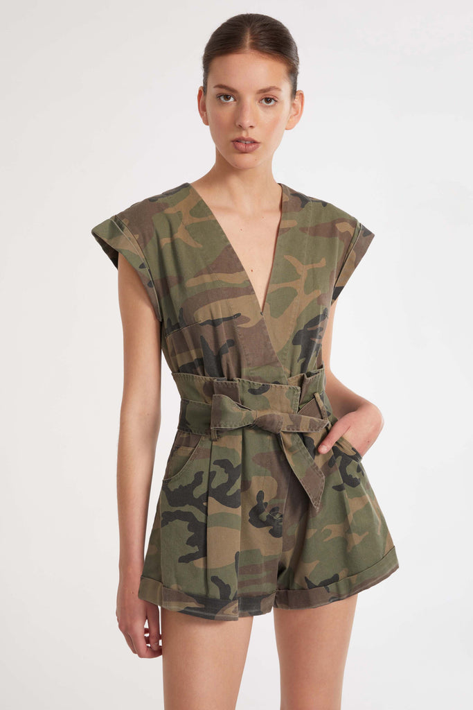 Dixon Paper Bag Vintage Washed Camo Romper in Woodland Camo