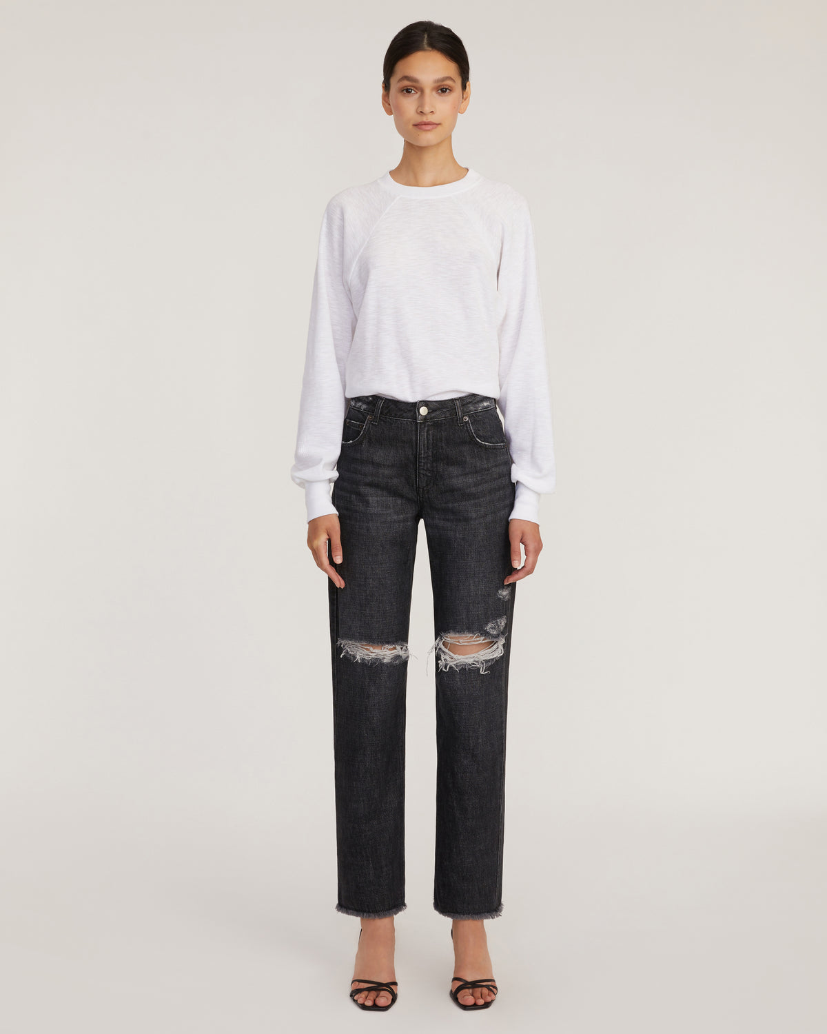 Dylan Distressed Washed Denim Pant in Faded Black Stone Wash