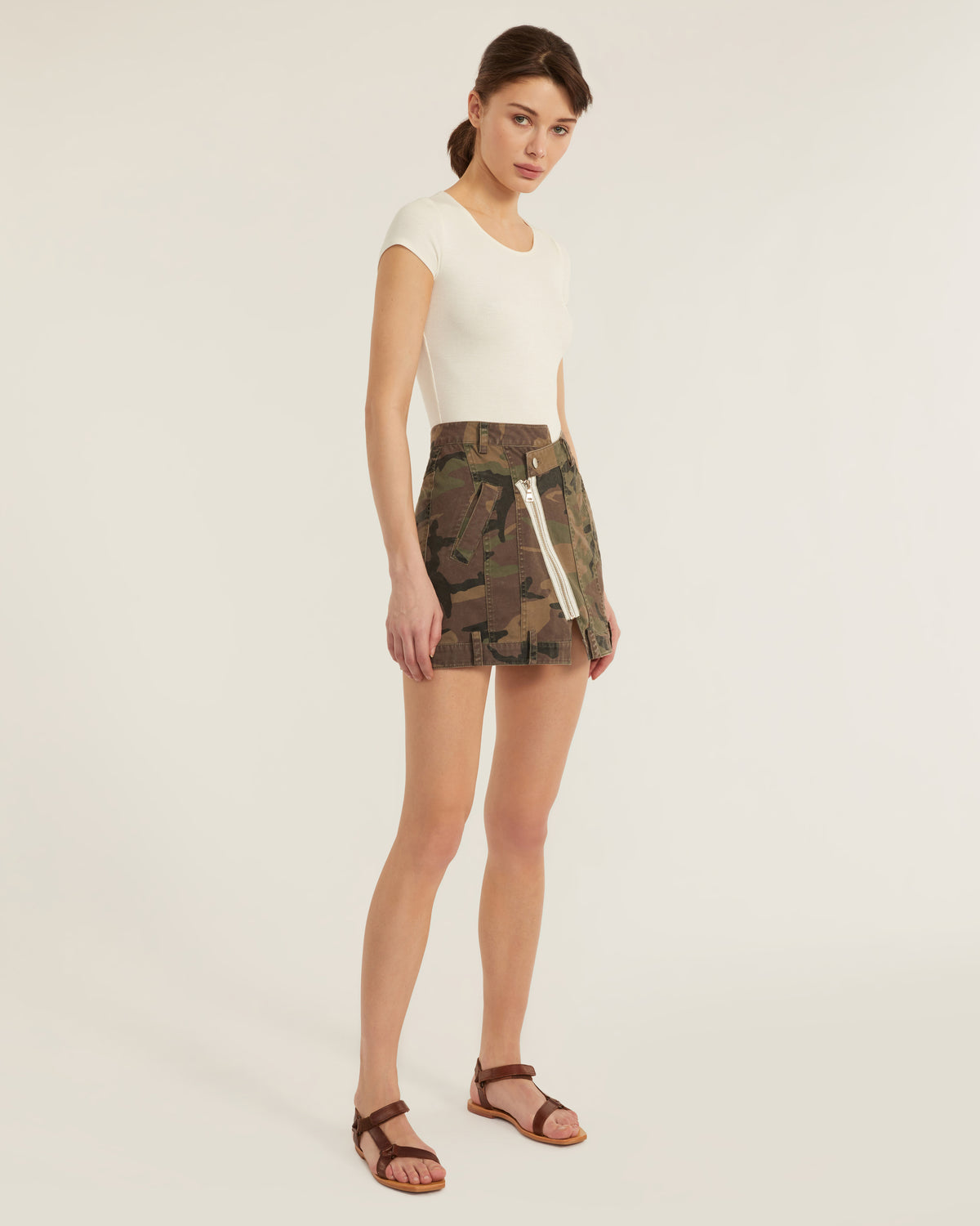 Eliza Canvas Zip Front Camo Skirt in Woodland Camo