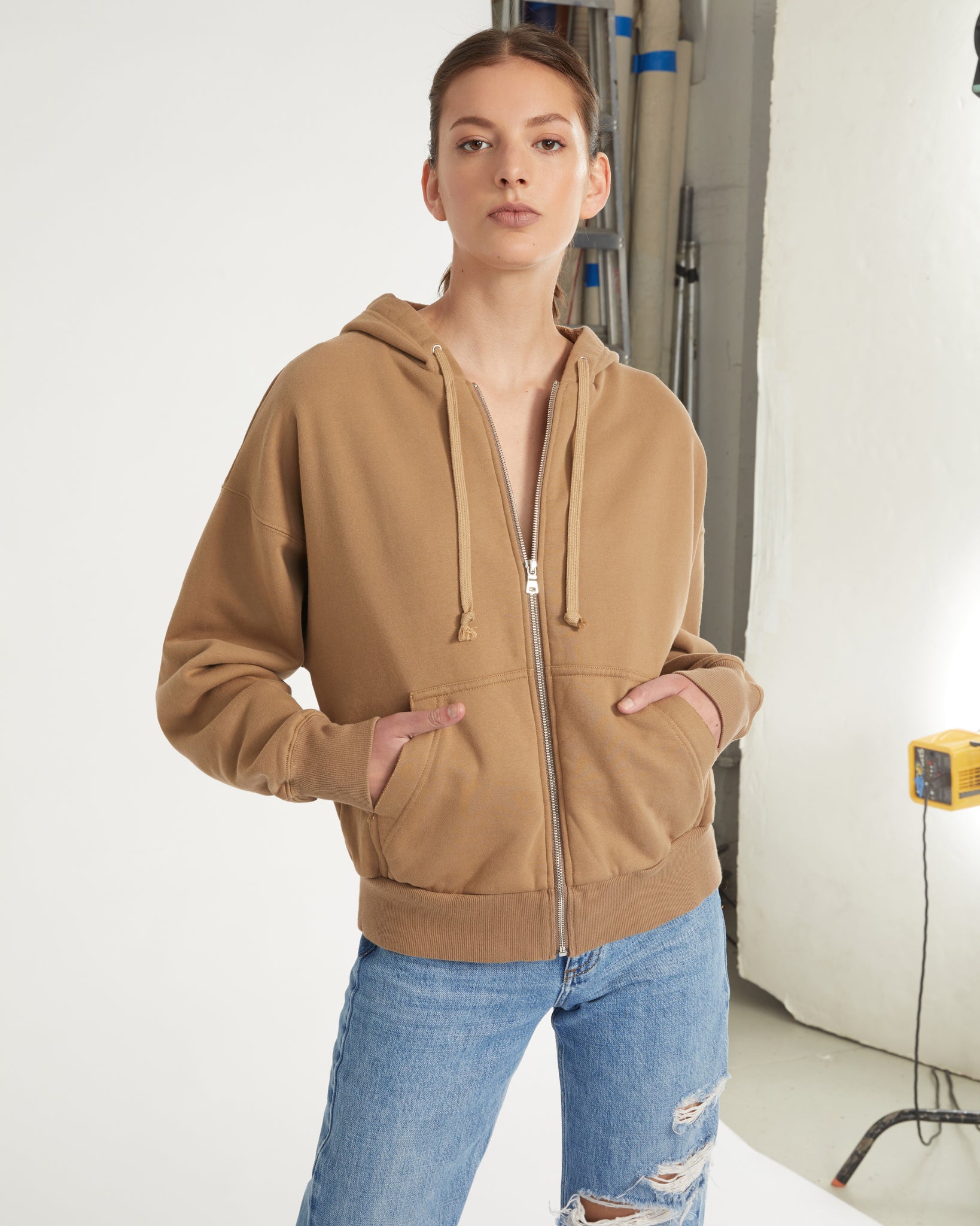 Finley Plush Drop Shoulder Zip Front Hoodie in Light Mocha 