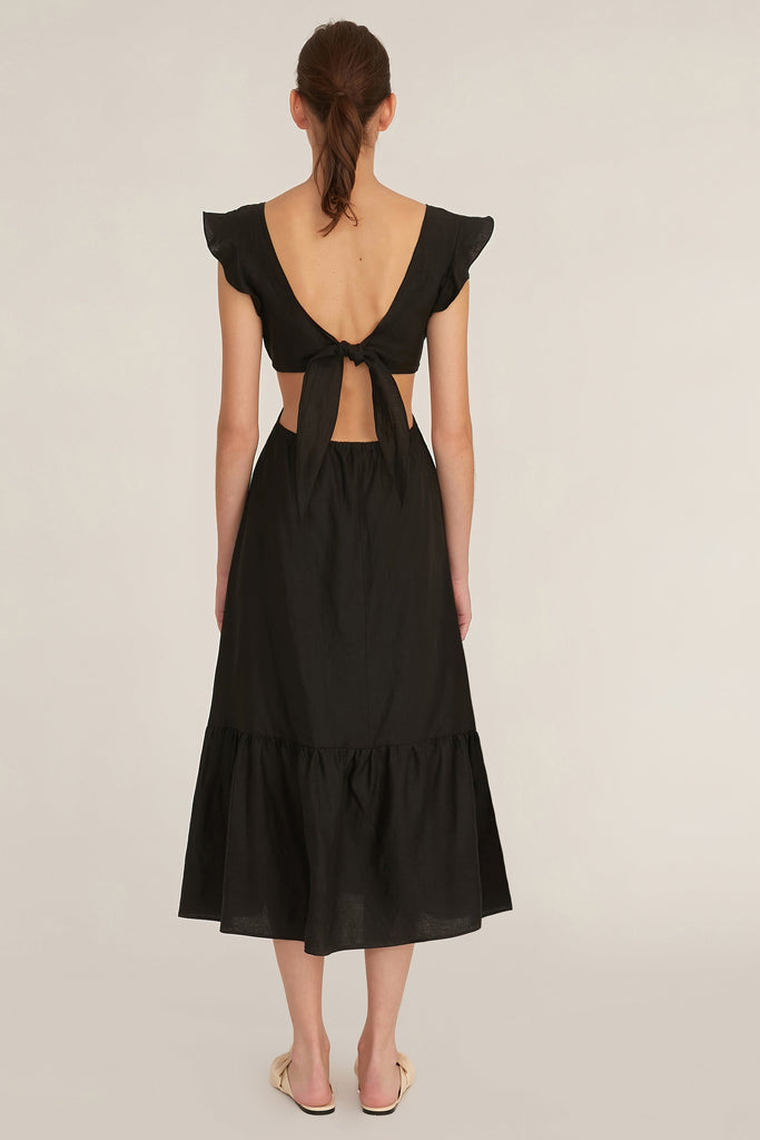 Kingsley Linen Cut Out Midi Dress in Linen Black