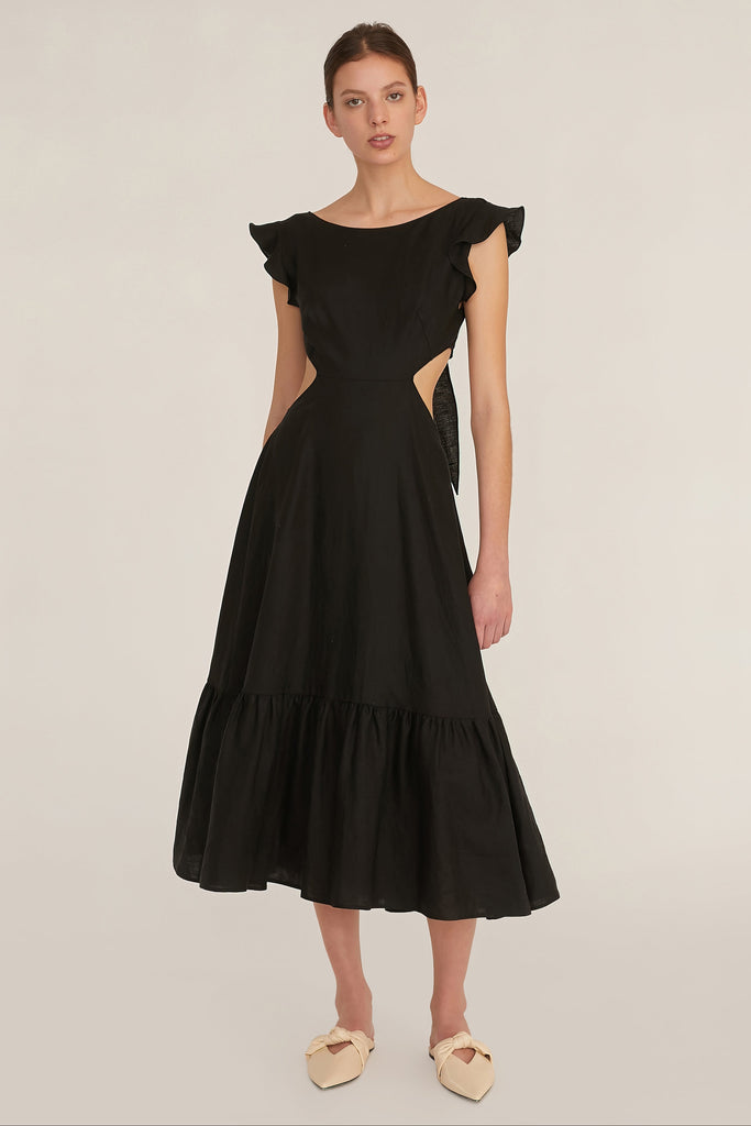 Kingsley Linen Cut Out Midi Dress in Linen Black