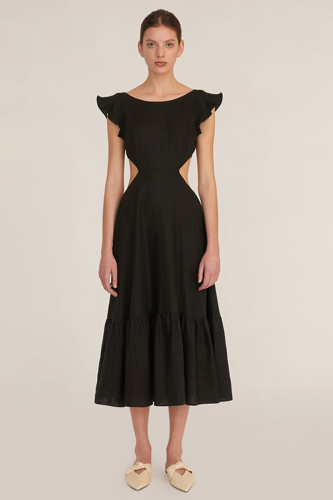 Kingsley Linen Cut Out Midi Dress in Linen Black