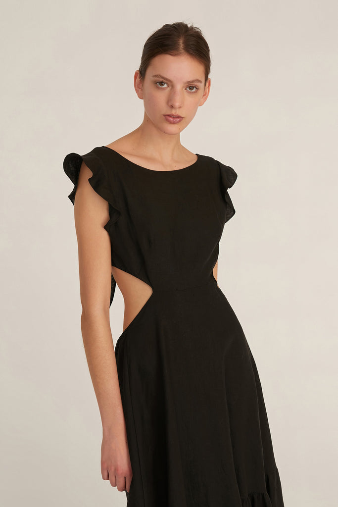 Kingsley Linen Cut Out Midi Dress in Linen Black