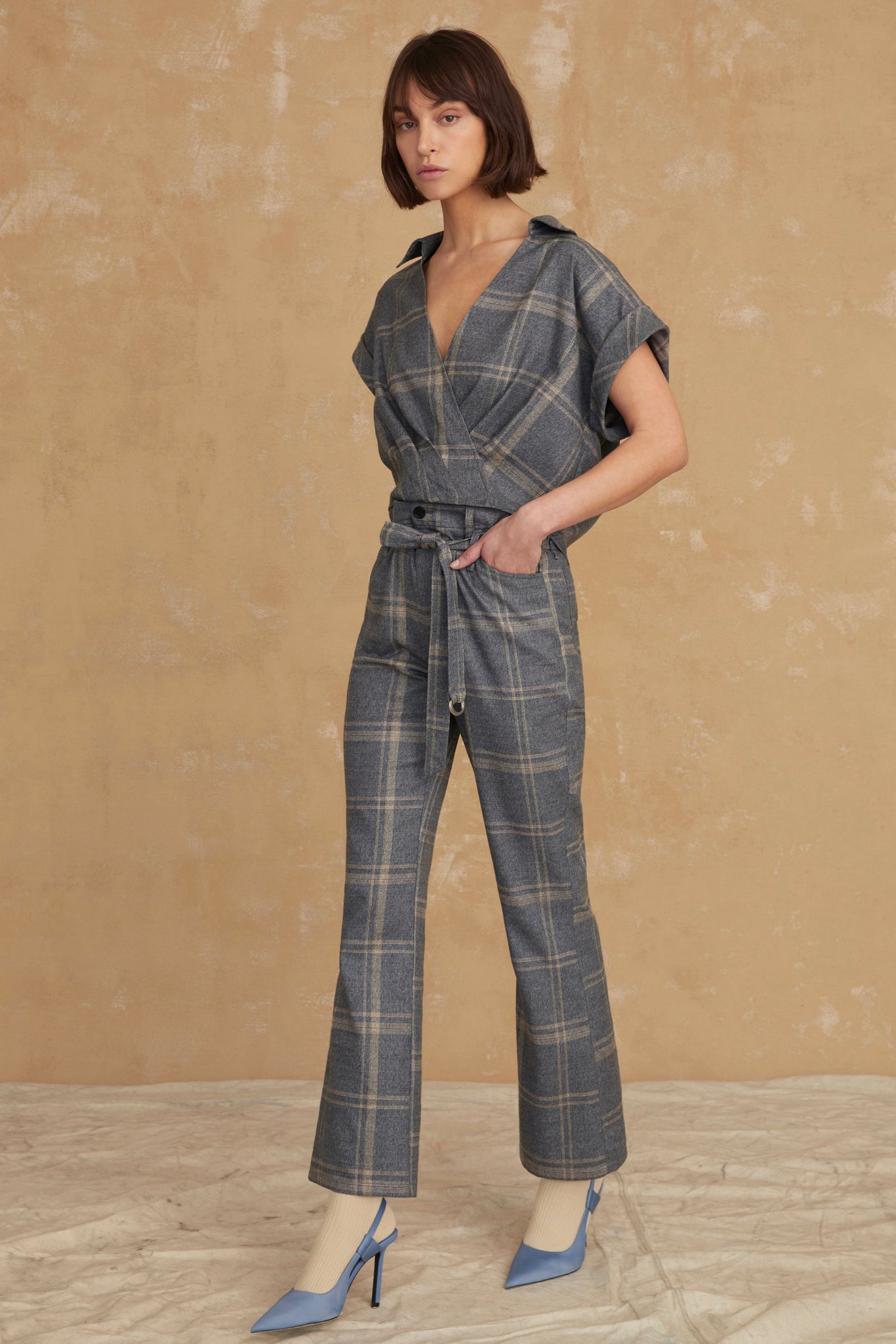 Lennon Lightweight Flannel Flare Pant in Fog Grey Plaid | MARISSA