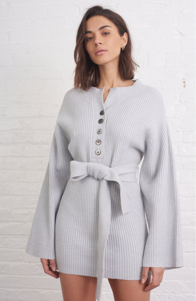 Arie Ribbed Cashmere Blend Henley Sweater Dress in Cloud