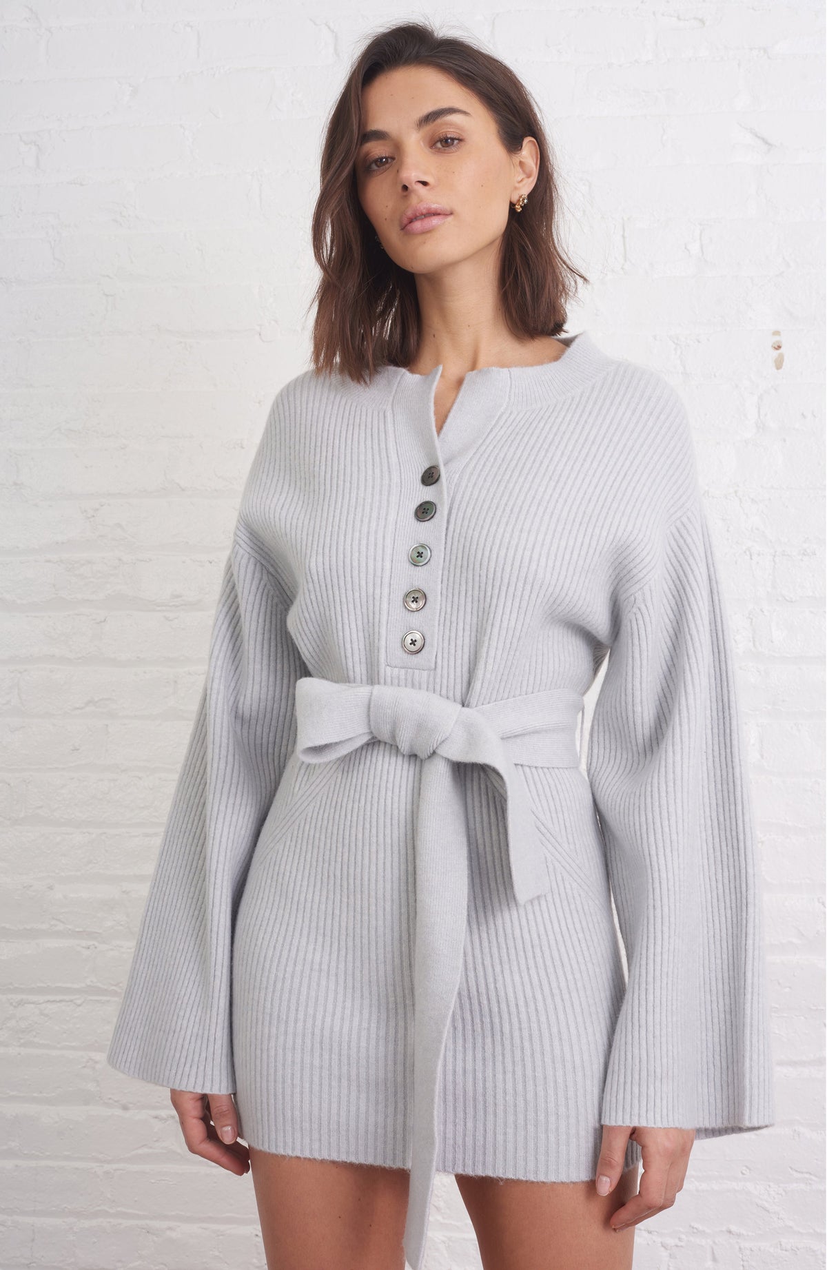 Arie Ribbed Cashmere Blend Henley Sweater Dress in Cloud