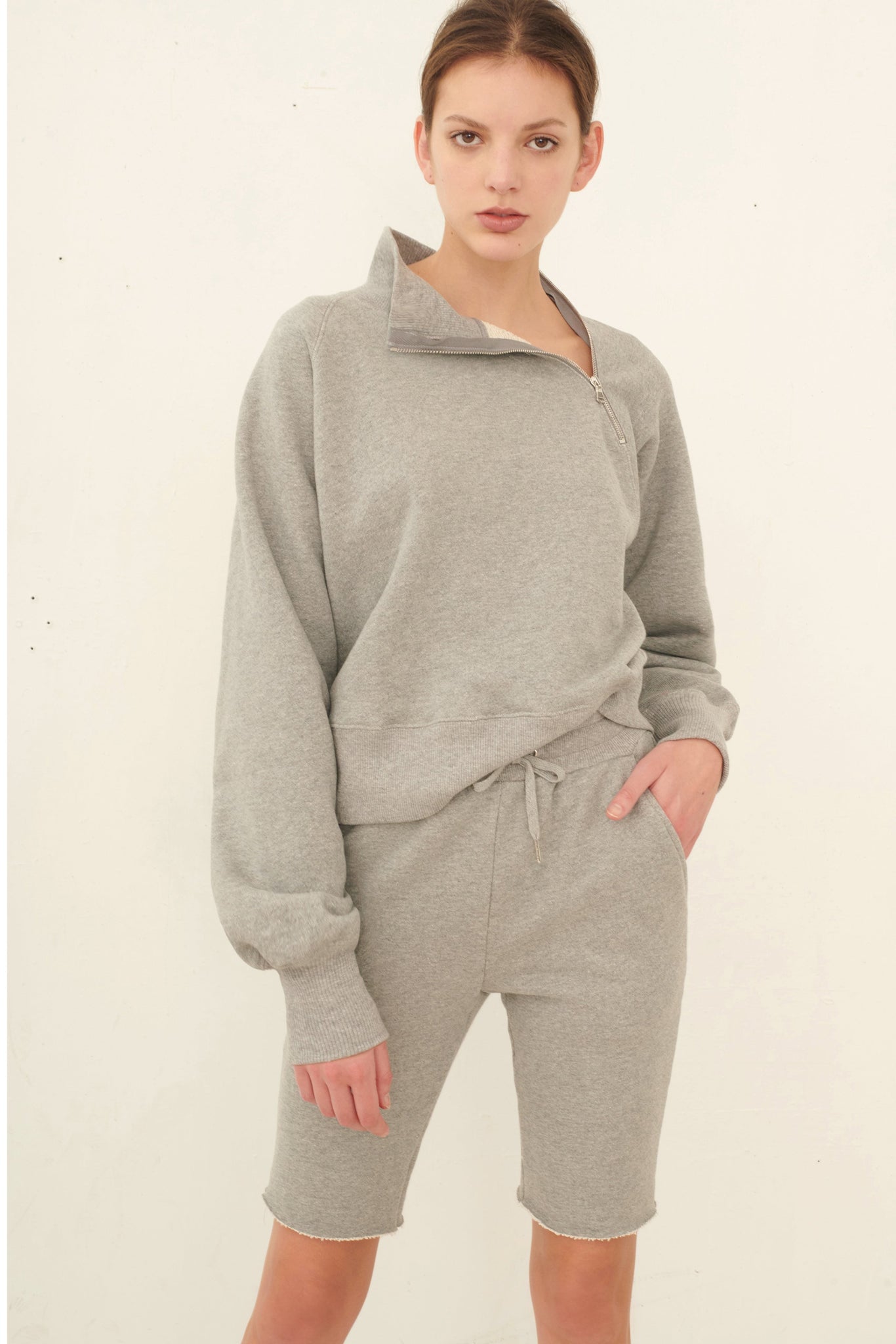 So Uptight French Terry Funnel Neck Zip Sweatshirt in Heather Grey
