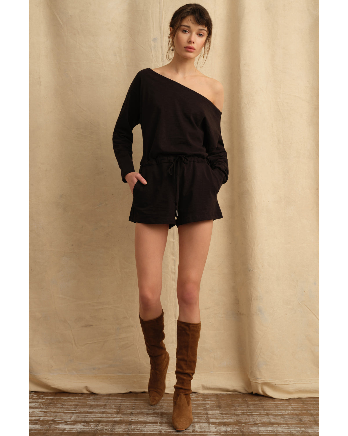 Marlo Drop Shoulder Knit Romper in Black