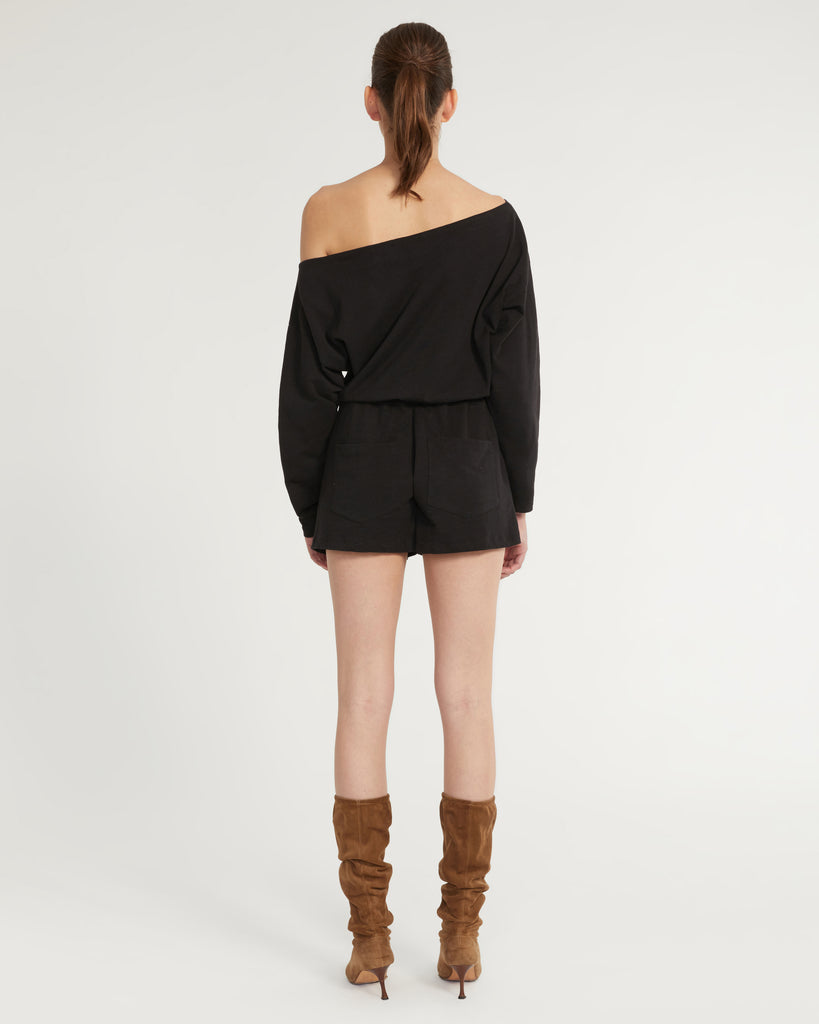 Marlo Drop Shoulder Knit Romper in Black