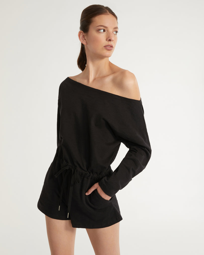 Marlo Drop Shoulder Knit Romper in Black