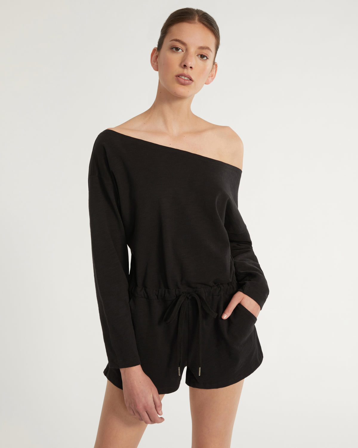 Marlo Drop Shoulder Knit Romper in Black