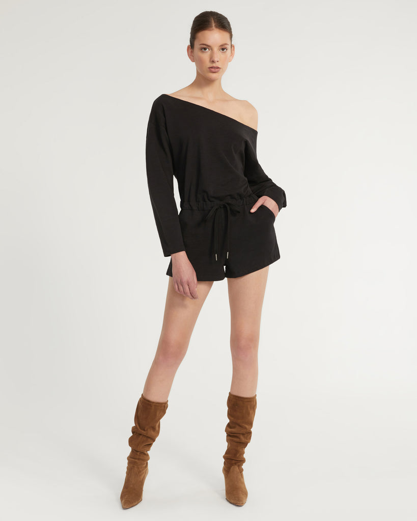 Marlo Drop Shoulder Knit Romper in Black