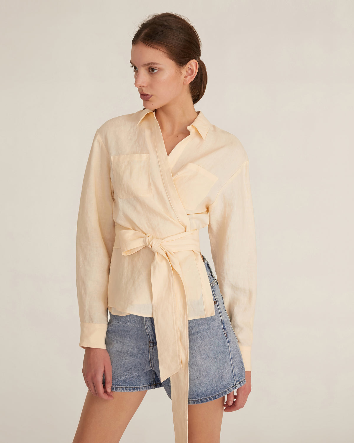Mila Linen Wrap Front Shirt in Custard