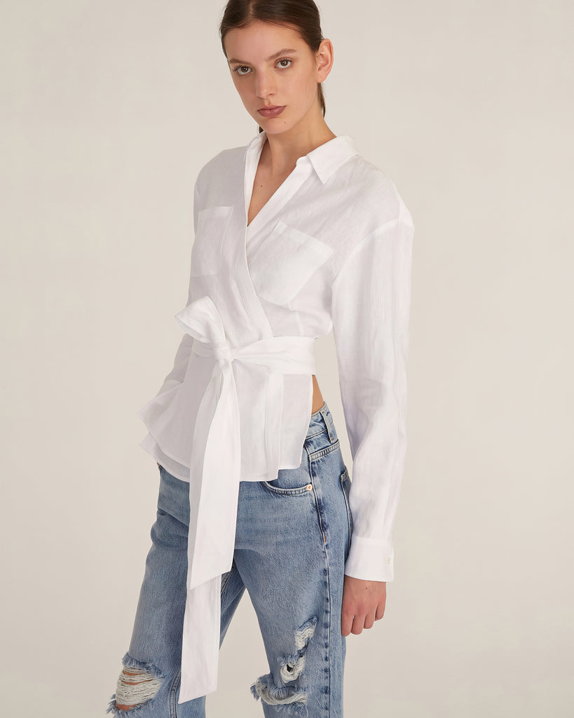 Mila Linen Wrap Front Shirt in Linen White