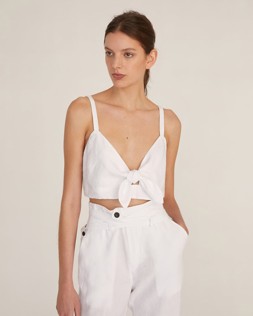 Paloma Linen Tie-Front Crop Top in Linen White