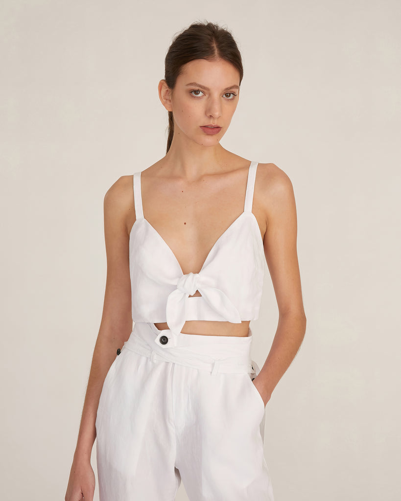 Paloma Linen Tie-Front Crop Top in Linen White