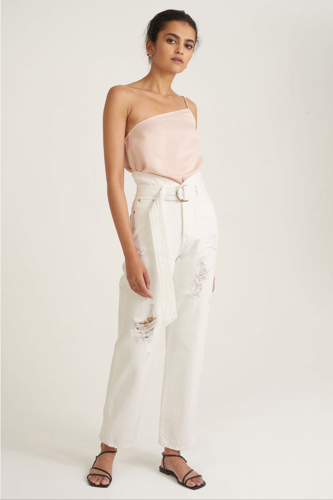 Quinn One Shoulder Satin Crepe Camisole in Blush