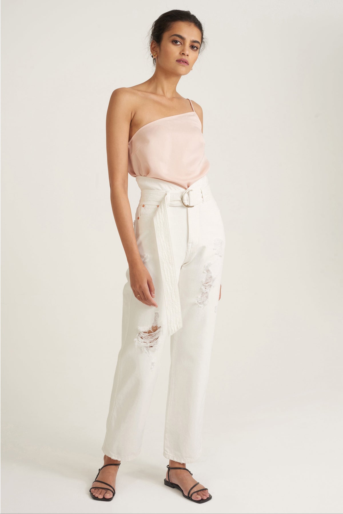 Quinn One Shoulder Satin Crepe Camisole in Blush