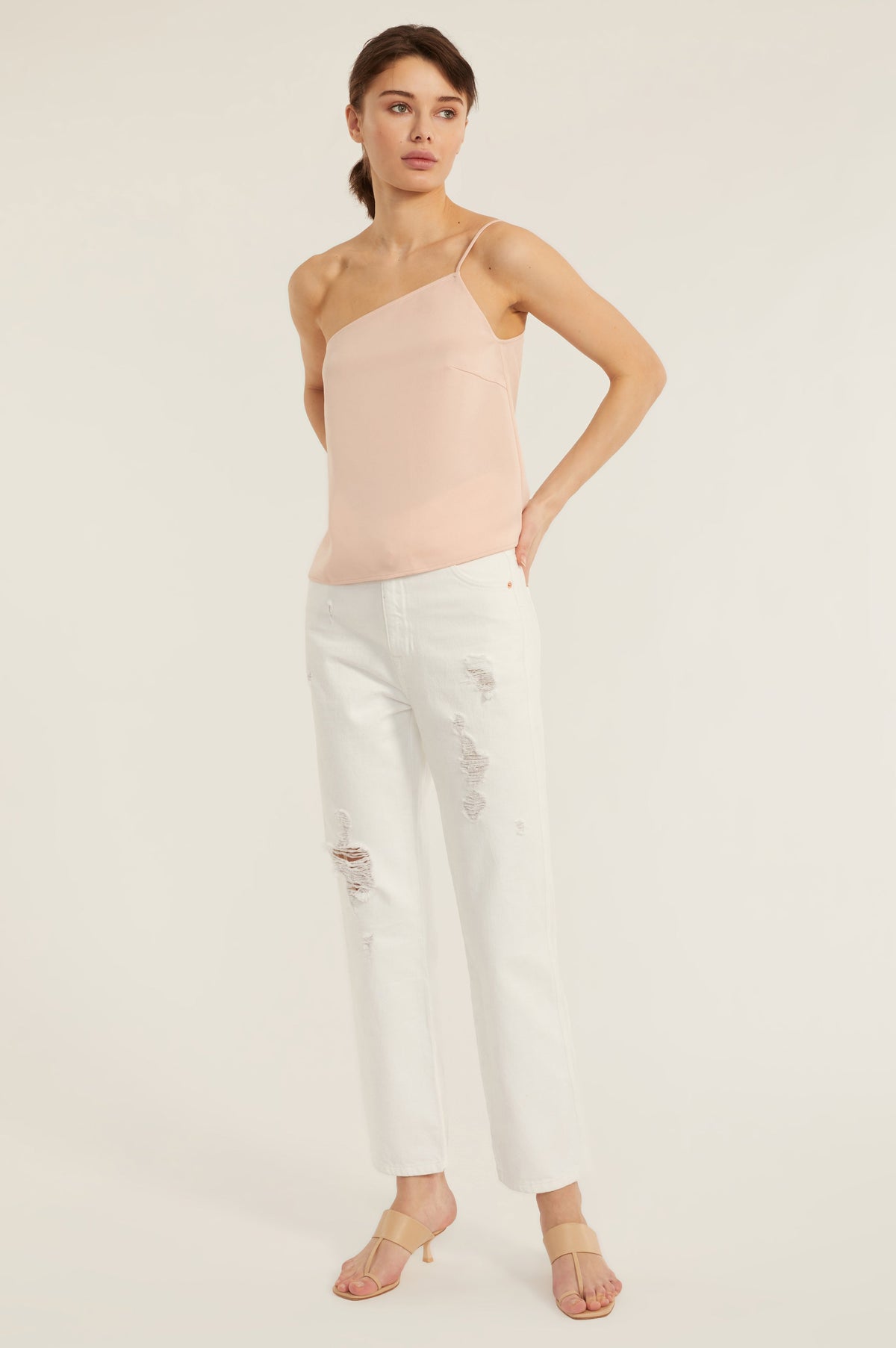 Quinn One Shoulder Satin Crepe Camisole in Blush