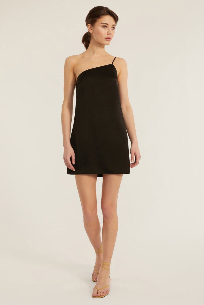 Quinn One Shoulder Satin Crepe Shift Dress in Black