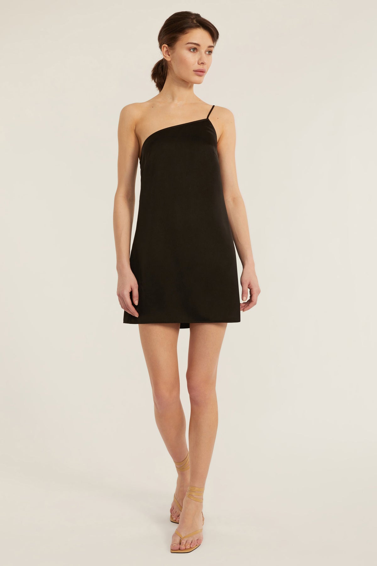 Quinn One Shoulder Satin Crepe Shift Dress in Black