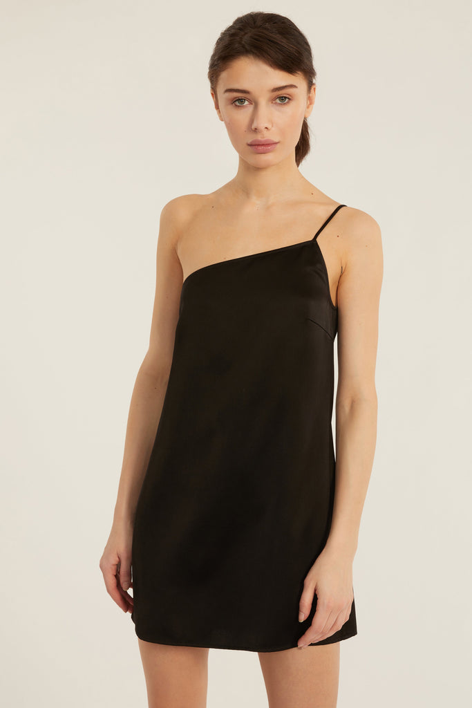 Quinn One Shoulder Satin Crepe Shift Dress in Black