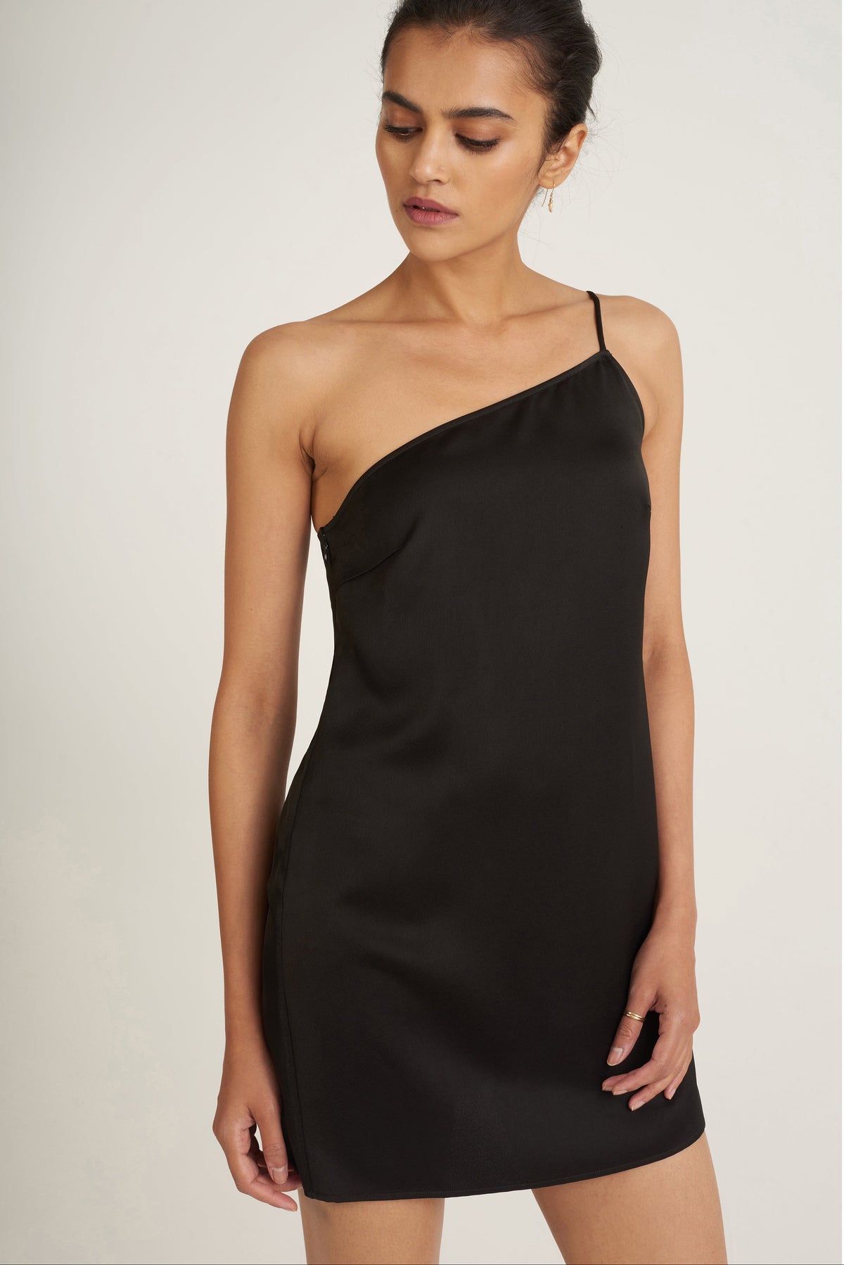 Quinn One Shoulder Satin Crepe Shift Dress in Black XS / Black by Marissa Webb