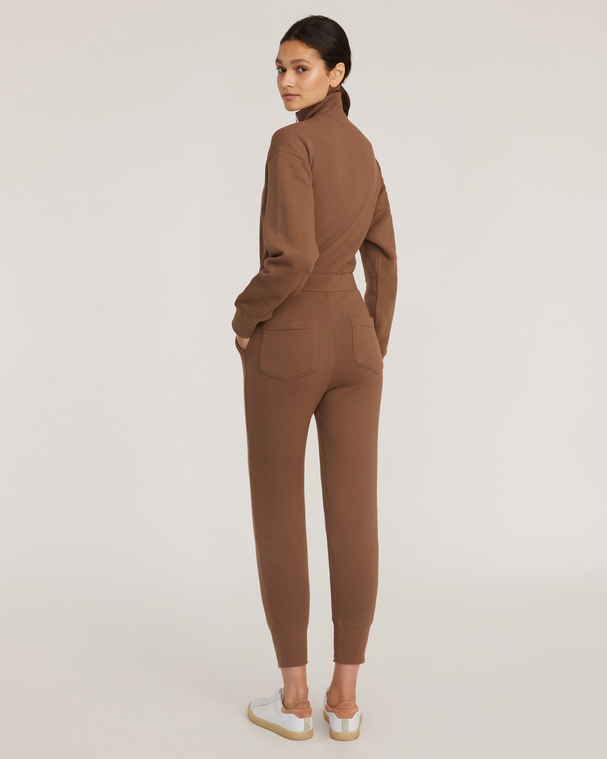 Red-Eye Zip Front French Terry Jumpsuit in Cognac