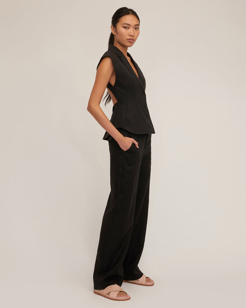 Theo Linen Double Waist Trouser in Black | MARISSA WEBB