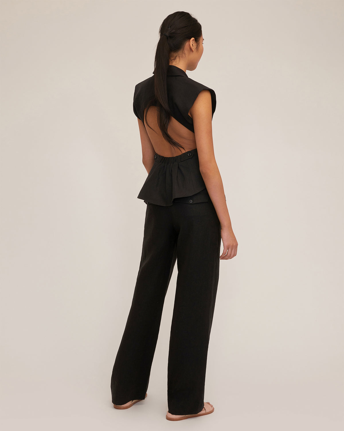Theo Linen Double Waist Trouser in Black | MARISSA WEBB