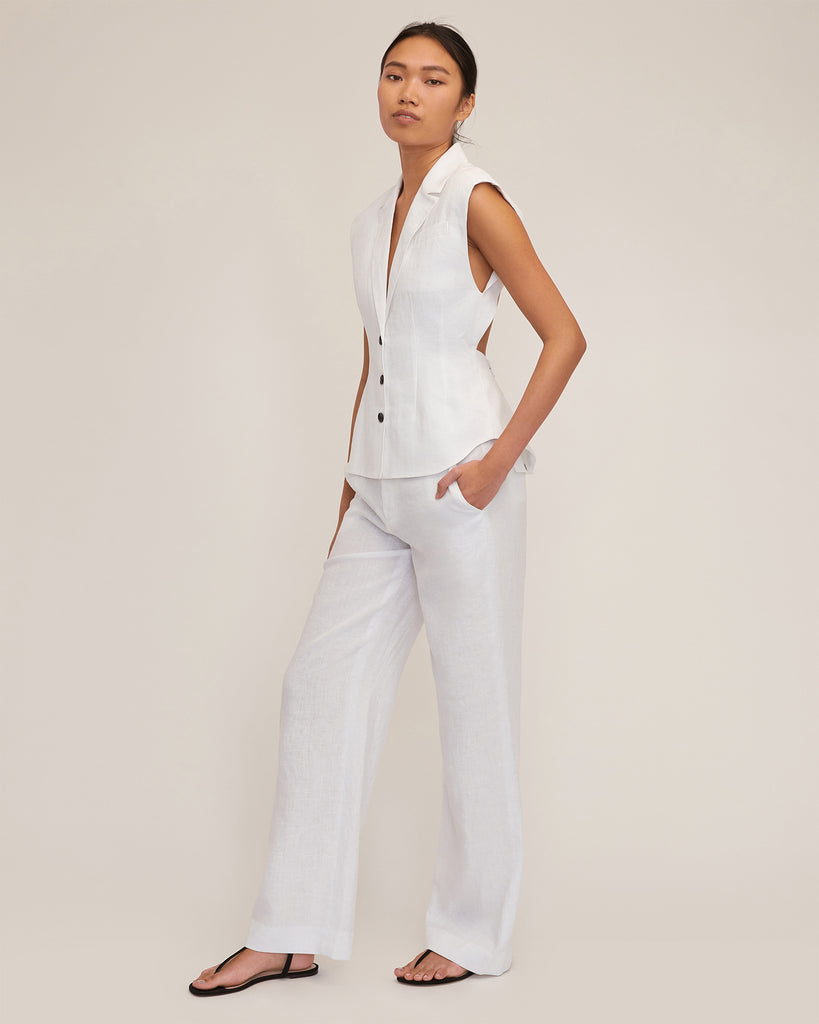 Theo Linen Double Waist Trouser in White | MARISSA WEBB
