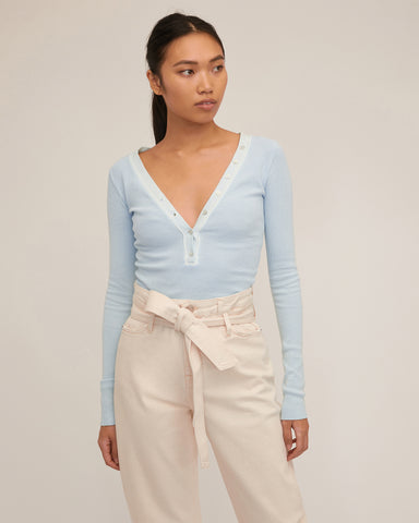 Stretch Waffle Slim Knit Henley in Off White | MARISSA WEBB