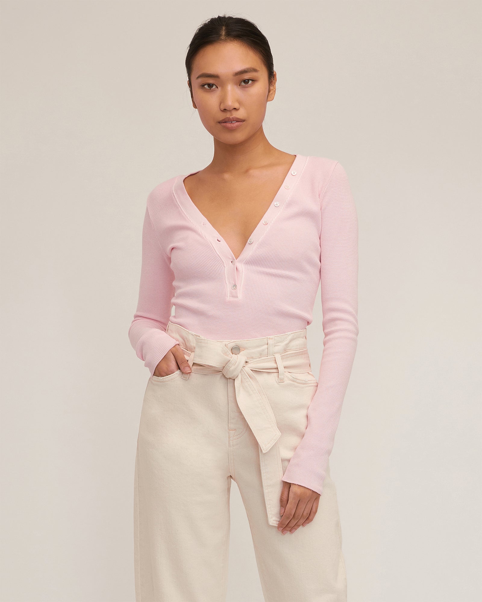 Stretch Waffle Slim Knit Henley in Peony | MARISSA WEBB | MARISSA WEBB