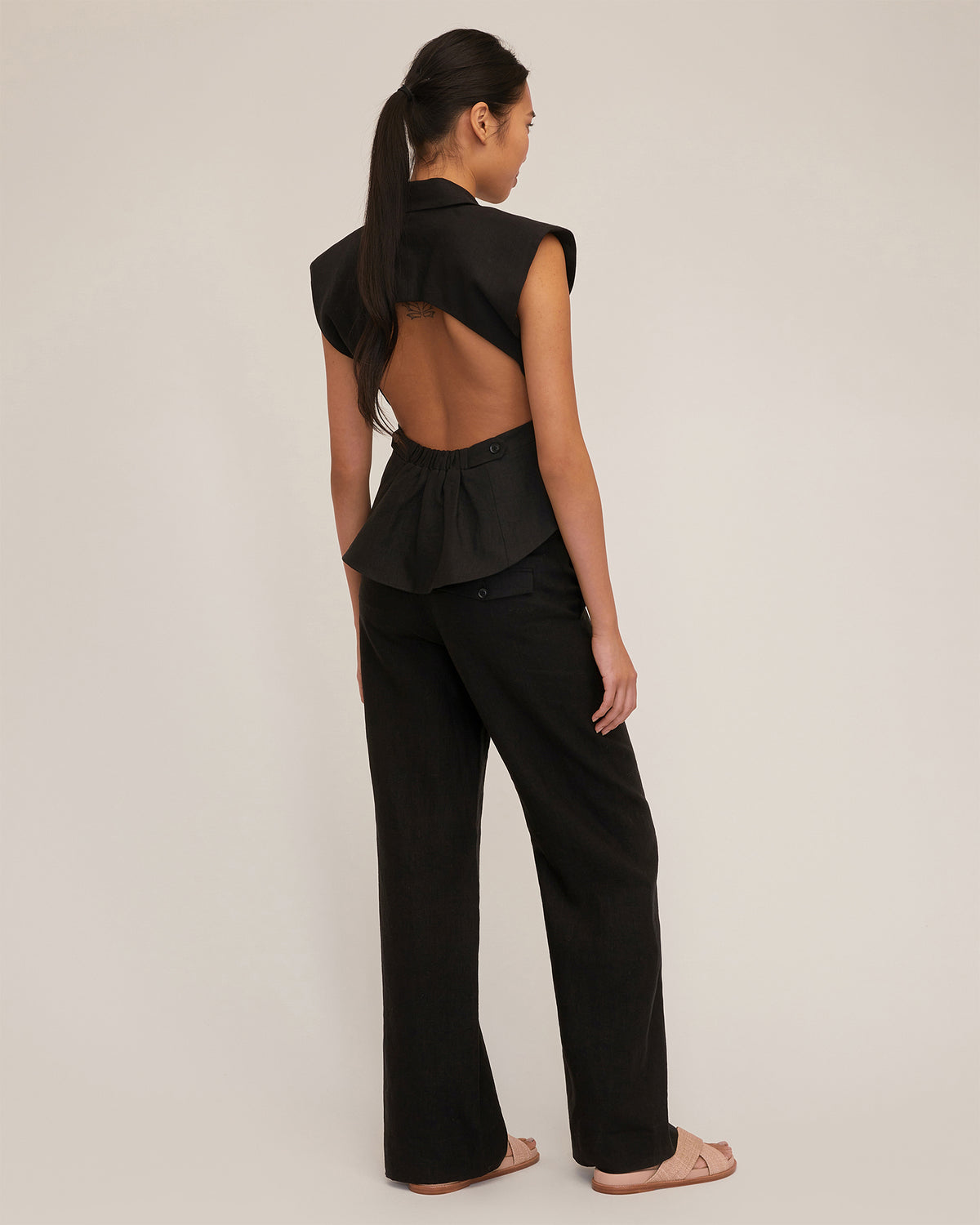 Enzo Linen Open Back Vest in Black | MARISSA WEBB