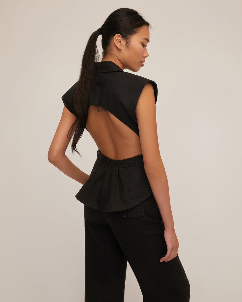 Enzo Linen Open Back Vest in Black | MARISSA WEBB