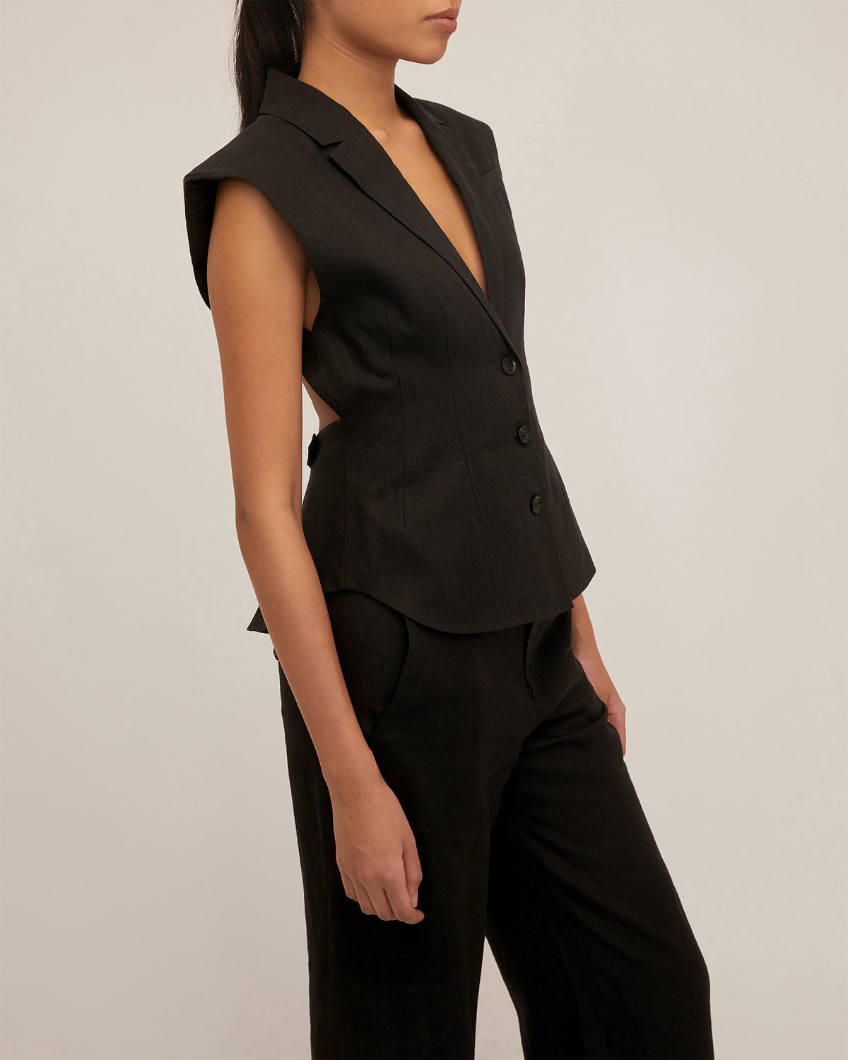 Enzo Linen Open Back Vest in Black | MARISSA WEBB