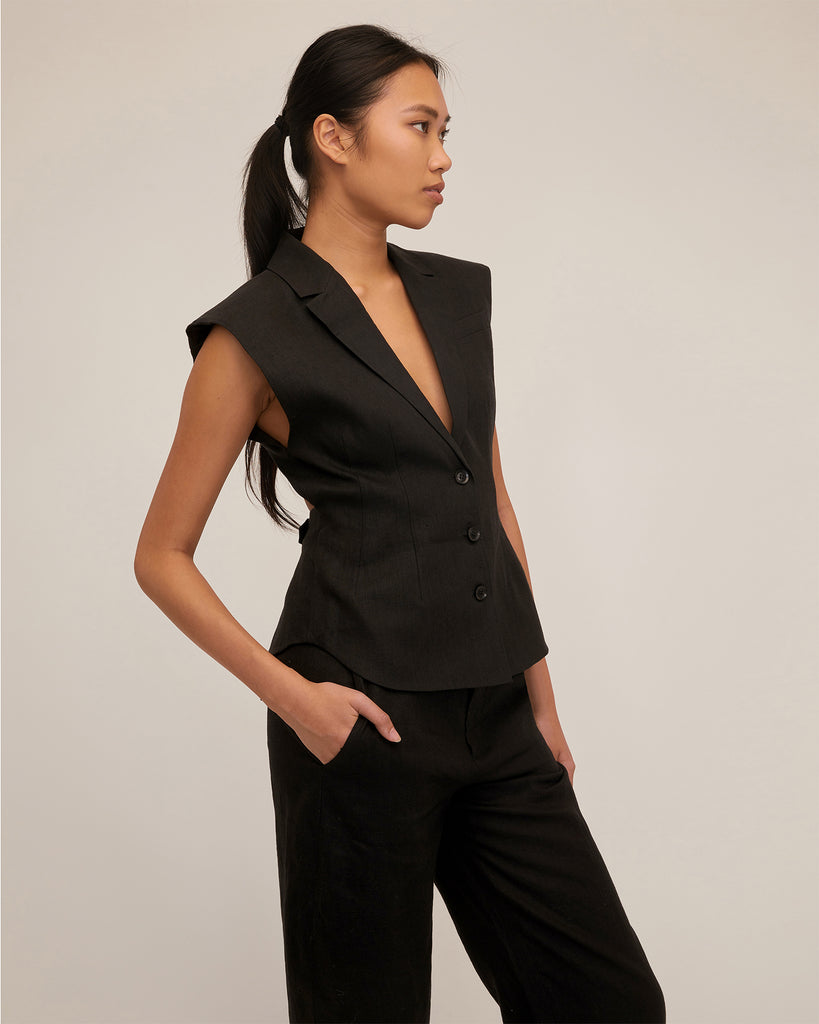 Enzo Linen Open Back Vest in Black | MARISSA WEBB