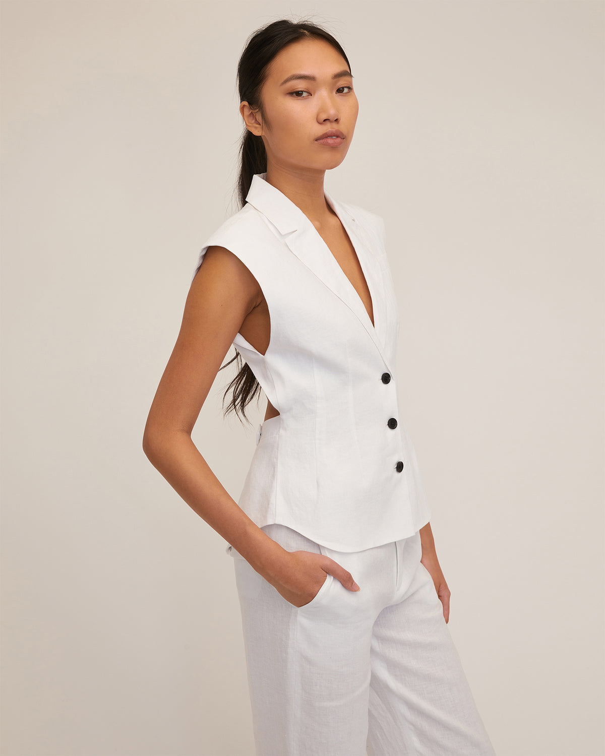 Enzo Linen Open Back Vest in White | MARISSA WEBB