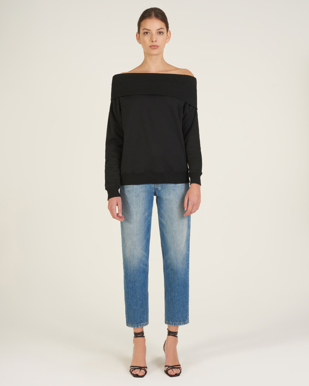 So Relaxed Off The Shoulder Plush Sweatshirt in Black