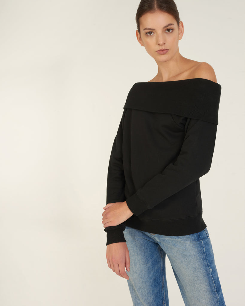 So Relaxed Off The Shoulder Plush Sweatshirt in Black