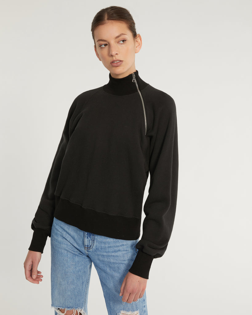 So Uptight French Terry Funnel Neck Zip Sweatshirt in Black