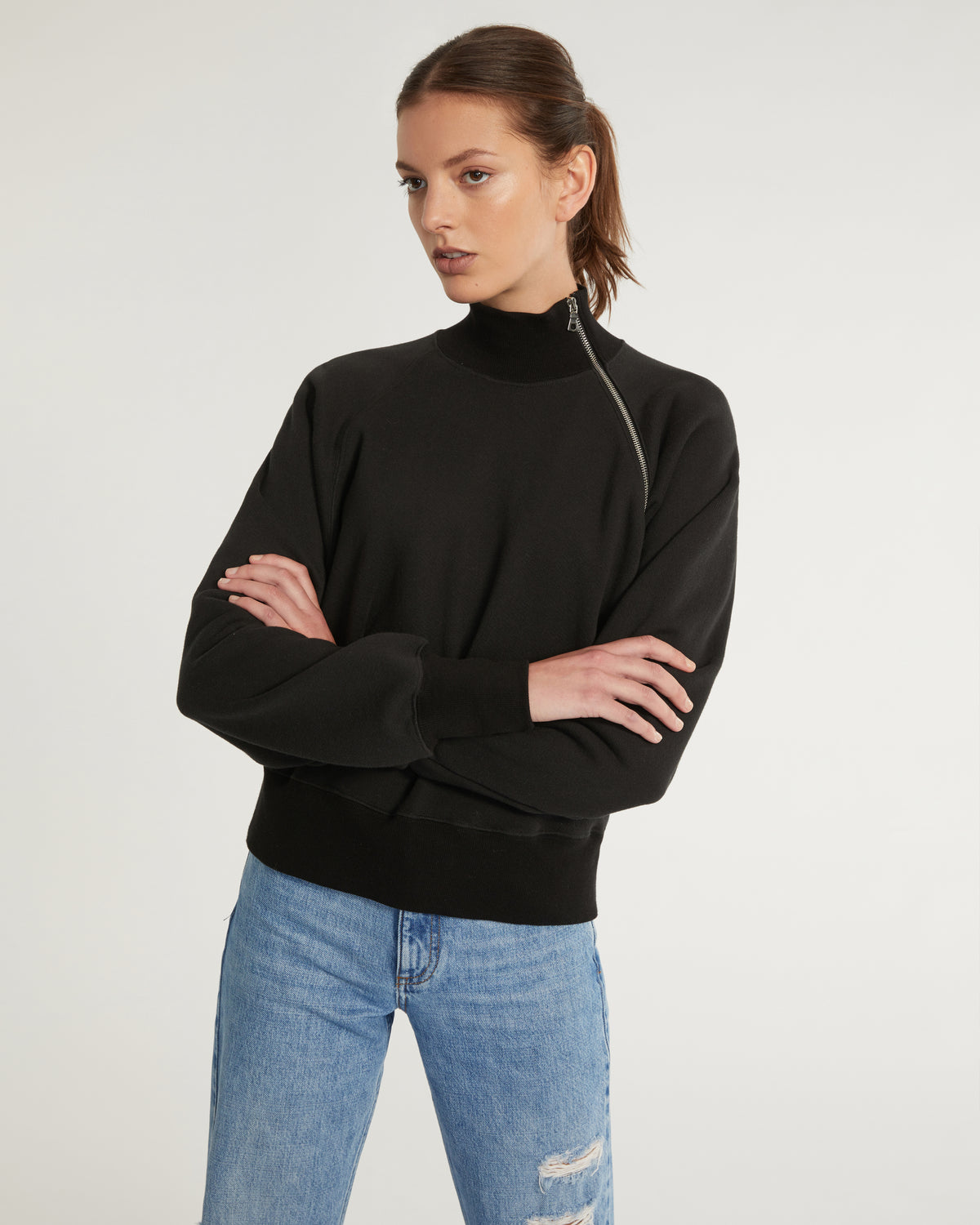So Uptight French Terry Funnel Neck Zip Sweatshirt in Black