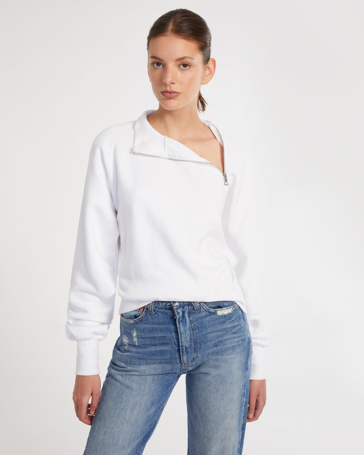 So Uptight French Terry Funnel Neck Zip Sweatshirt in White