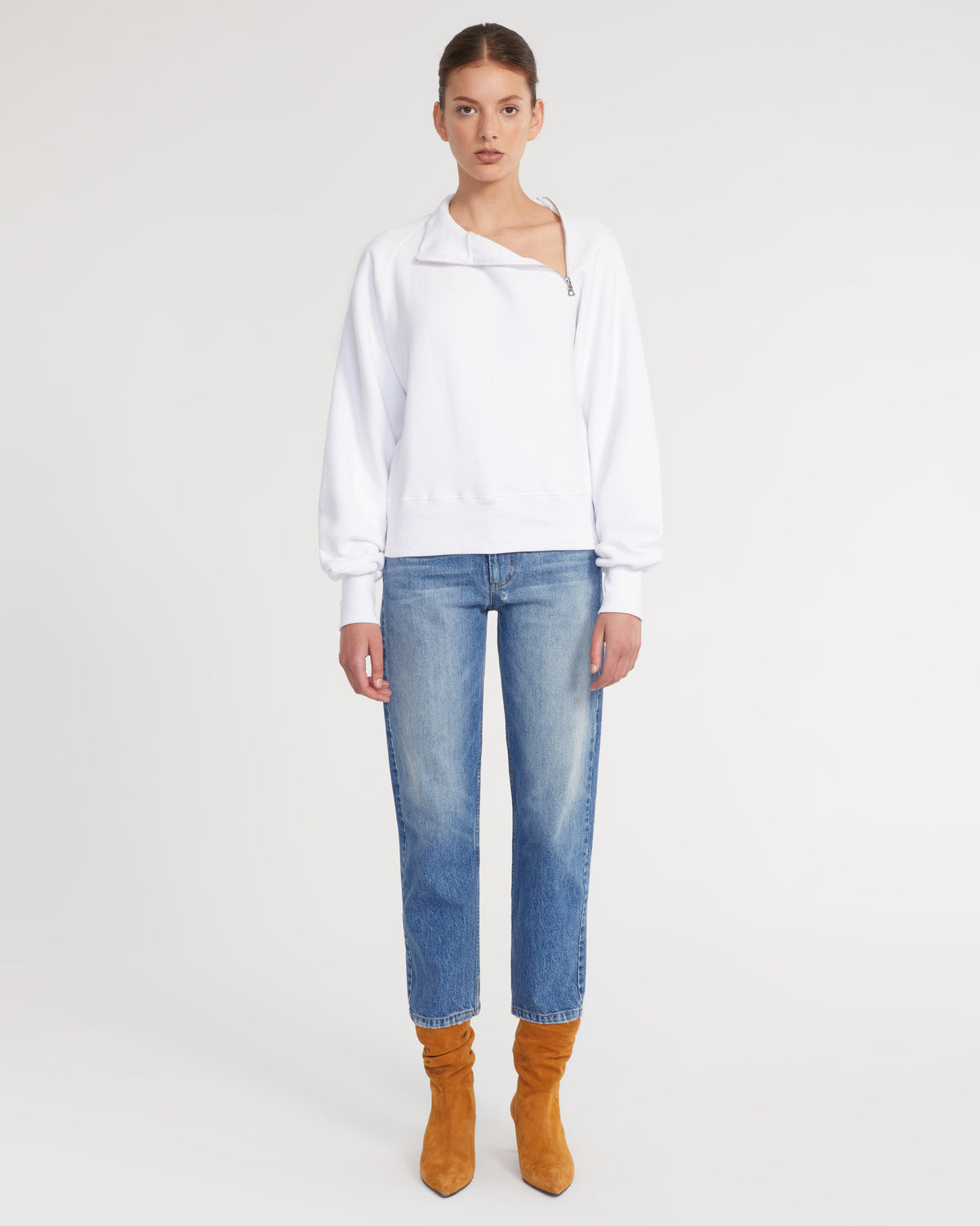 So Uptight French Terry Funnel Neck Zip Sweatshirt in White