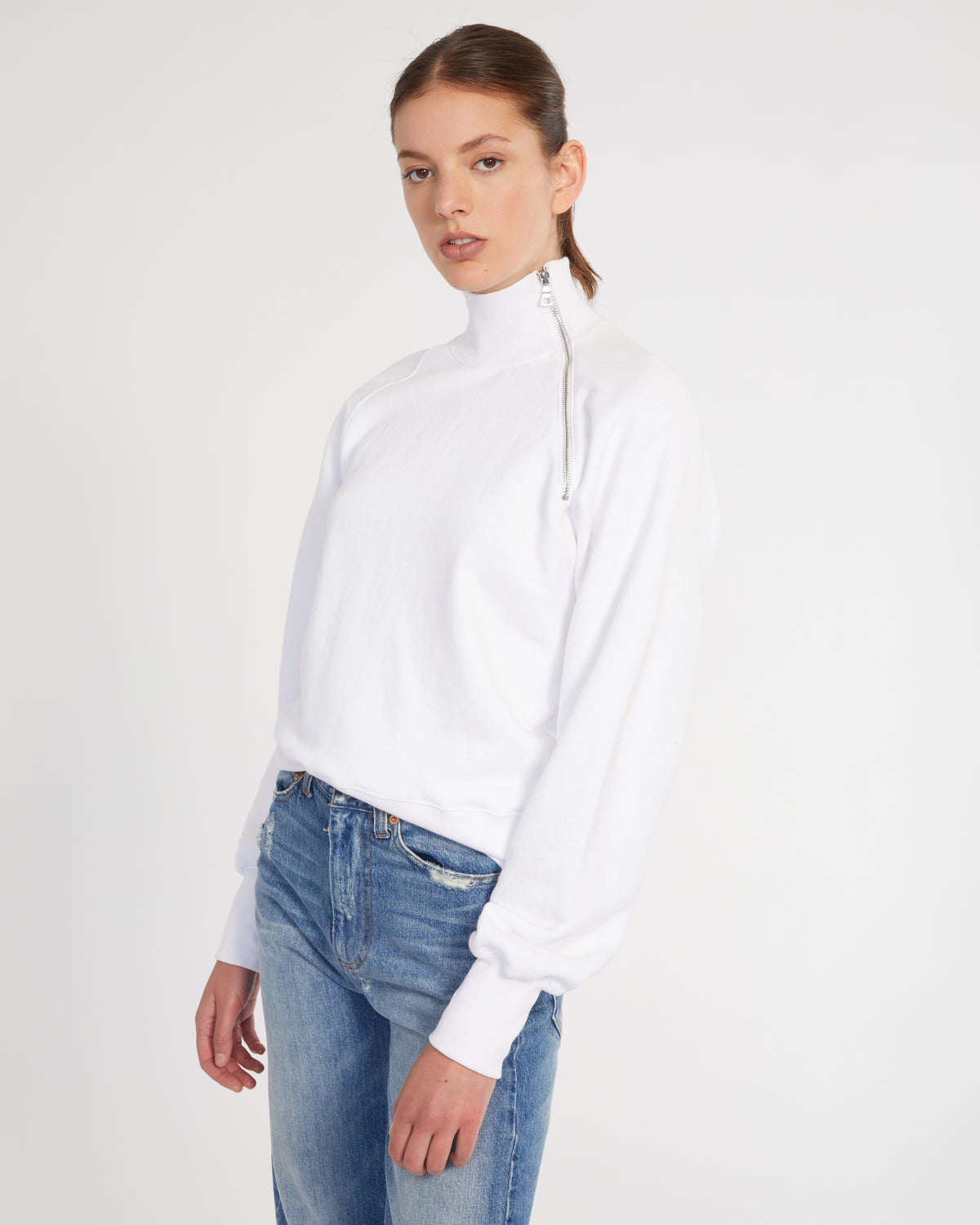 So Uptight French Terry Funnel Neck Zip Sweatshirt in White