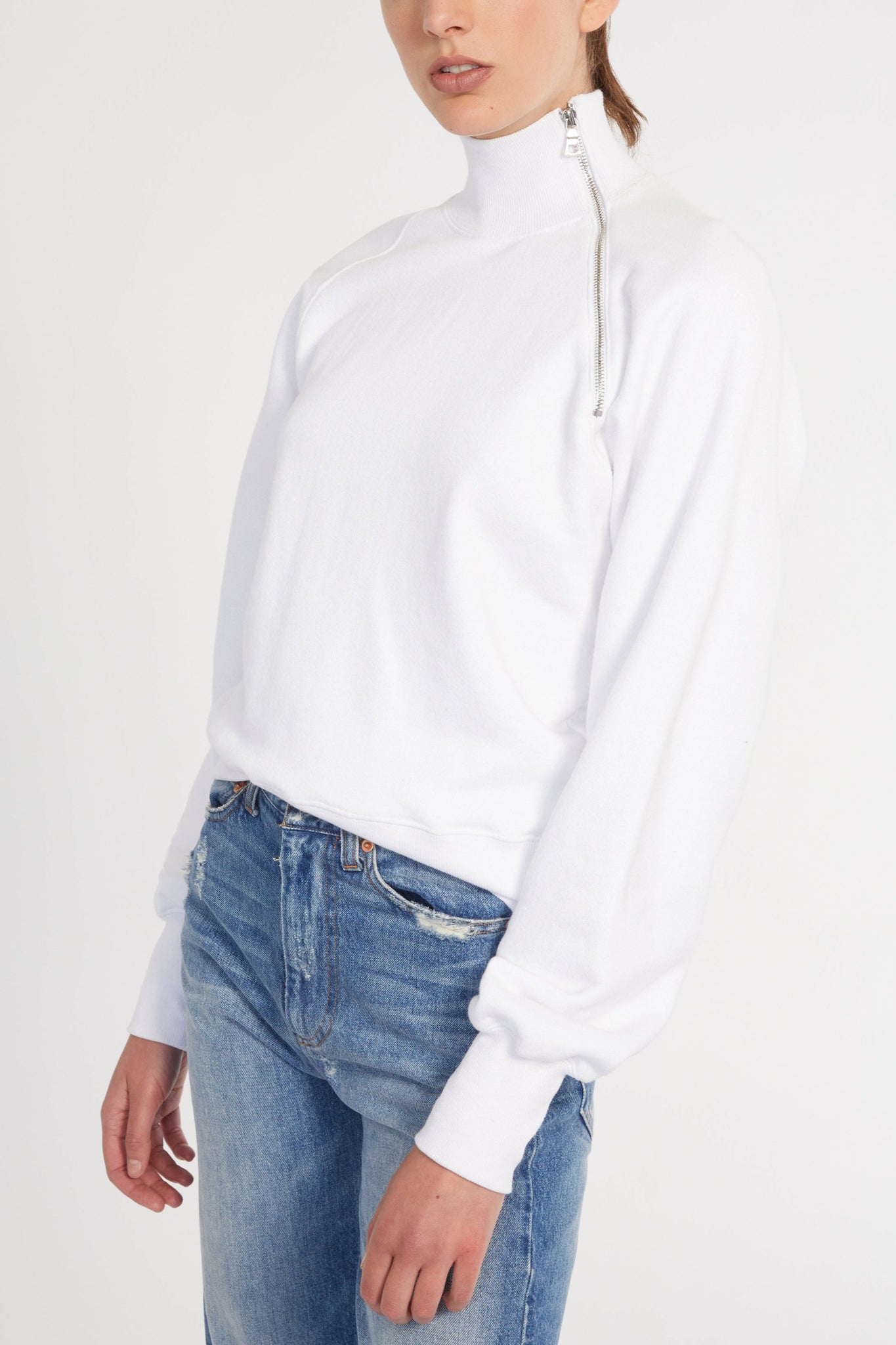 So Uptight French Terry Funnel Neck Zip Sweatshirt in White