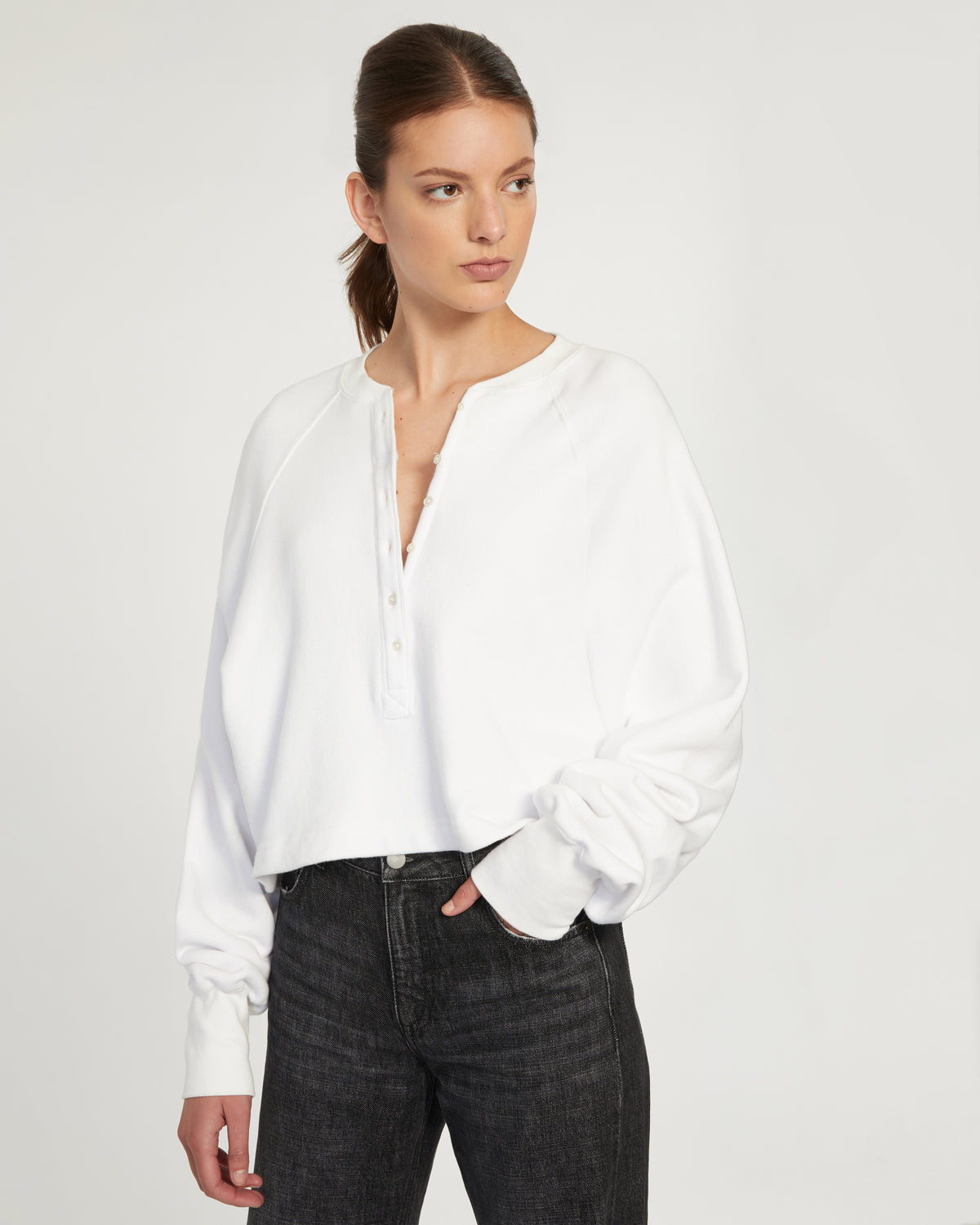So Uptight French Terry Plunge Henley Sweatshirt in White