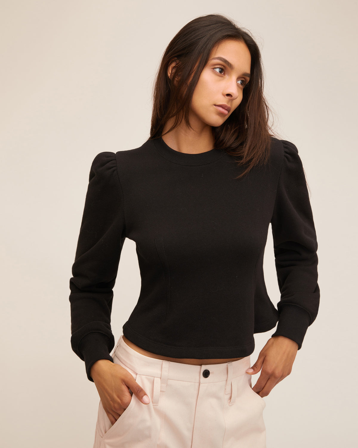Blair French Terry Puff Sleeve Sweatshirt in Black | MARISSA WEBB