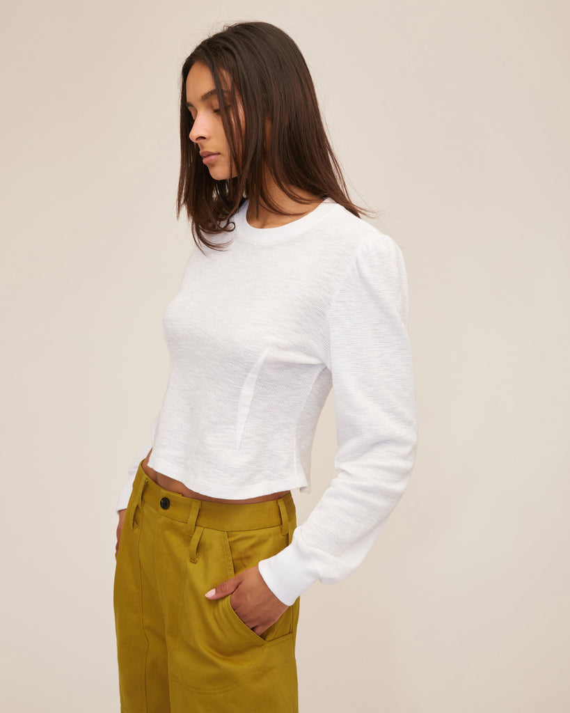 Blair Waffle Knit Puff Sleeve Pullover in White | MARISSA WEBB